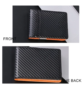 Front and back view of ultra-thin carbon fiber wallet with orange lining and money clip