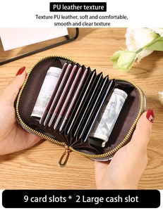Internal view showing 9 card slots and cash sections in a soft PU leather wallet