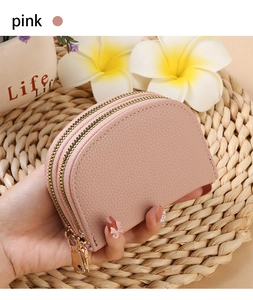 Pink lychee texture PU leather accordion card holder with double golden metal zippers