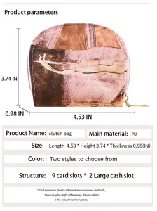 Size chart showing large capacity PU leather card holder with 9 slots and 2 compartments