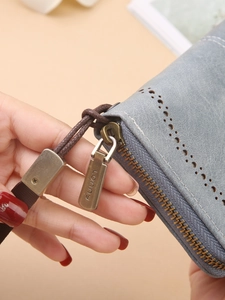 Blue-grey RFID blocking long wallet with retro hollow details and woven wrist strap
