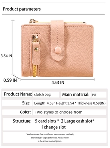 Detail view of light pink lychee texture PU leather wallet showing size dimensions