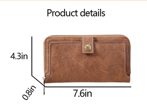 Detailed view of long brown leather wallet with star buckle and size dimensions 7.6 x 4.3 inches