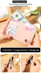 Detail of pink PU leather wallet showing 5 card slots and a zipper coin pocket