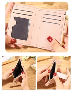 Detailed interior of pink PU leather wallet showing card slots and gold zipper pocket