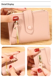 Pink lychee texture leather wallet with gold zipper and button detail display