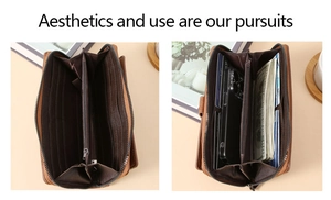 Detail showing high-capacity leather long wallet interior with card slots and phone pocket