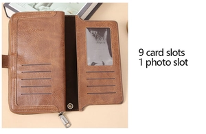 Detail of a brown leather wallet interior with 9 card slots and 1 photo compartment