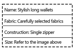 Detailed technical specifications for long wallets showing material and single zipper design