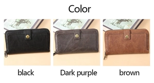 Detailed comparison of long wallets in black, dark purple, and brown vintage faux leather