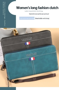 Detailansicht langer Retro-Geldbörsen in Grau und Blaugrün mit abnehmbarer Handschlaufe