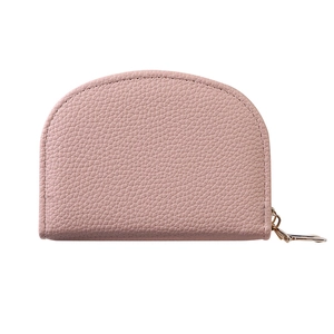 Pink semi-circular card holder in lychee grain texture with golden metal zipper closure