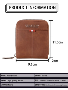 Detailed size specifications of the brown leather men's wallet with internal structure view