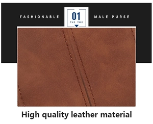 Macro view of men's brown leather wallet showing high quality material and double stitching