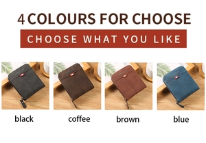 Detailed comparison of four zipper wallets in black, coffee, brown, and blue matte leather