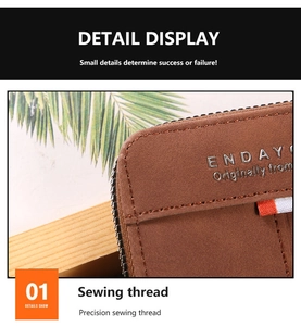 Close-up of brown vintage leather wallet showing precision stitching and metal zipper