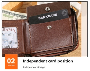 Macro detail of dark brown leather wallet showing multiple card slots and clear ID window