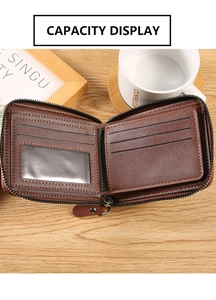 Internal layout of brown leather wallet featuring multiple card slots and photo window