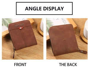 Front and back angle display of a vintage brown leather men's zip wallet on a desk