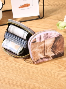 Vintage Denim Print PU Leather Accordion Card Holder Large Capacity Half Moon Coin Purse Zipper Wallet For Women Daily Use