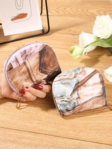 Large capacity fabric accordion card holder with vintage denim print and golden zipper