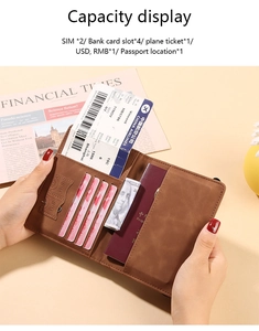 Detailed capacity display of a brown PU leather passport wallet showing card and SIM slots