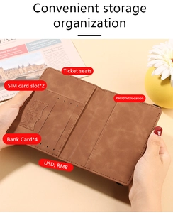 Detail of brown PU leather passport holder interior with SIM card slots and card pockets