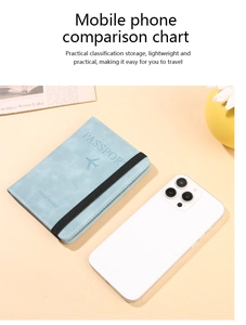 Detail view of light blue leather passport holder with black elastic band next to a smartphone
