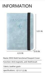 Detail of light blue PU leather travel wallet showing RFID protection and elastic strap