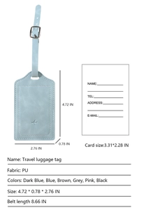 Detailed blue PU leather luggage tag with dimensions, adjustable strap and info card