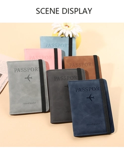 Detailed scene showing diverse PU leather passport covers with elastic bands and debossed icons
