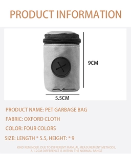 Detail view of grey oxford cloth dog poop bag dispenser with black rubber cross exit