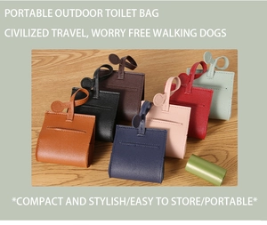 Macro detail of high-quality PU leather poop bag holders in various colors with metal clips