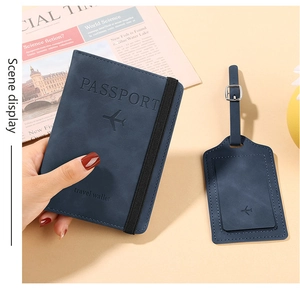 Detail of dark blue PU leather passport holder and luggage tag with aircraft embossing