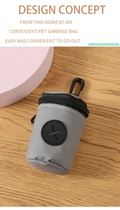 Detail of gray pet waste bag dispenser with black zipper and durable carabiner clip