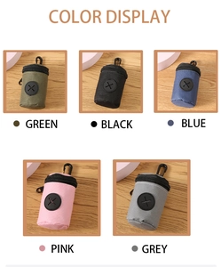 Portable pet waste bag dispensers in five colors with hooks and rubber exits