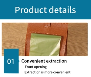 Close-up of brown PU leather dog waste bag holder showing front opening and green bags