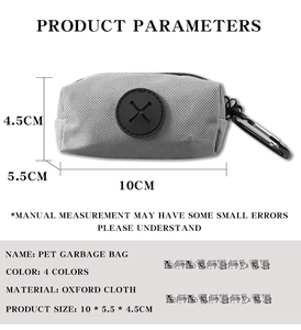 Grey Oxford cloth pet waste bag dispenser with metal carabiner and 10x5.5x4.5cm dimensions