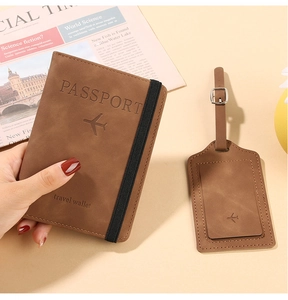 Brown PU leather passport holder and luggage tag set with elastic strap and plane icon