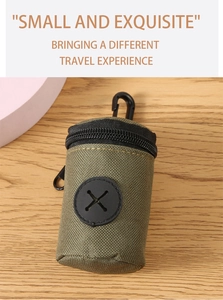 Olive green canvas pet waste bag dispenser with zipper and hook for travel use
