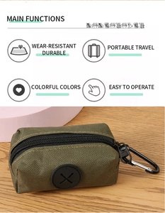 Detail showing the dark green dog waste bag dispenser with durable zipper and carabiner