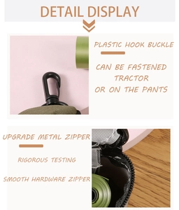 Detail of portable dog poop bag dispenser with upgraded metal zipper and plastic hook