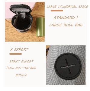 Detail of grey oxford fabric pet waste bag dispenser with zipper and rubber cross exit