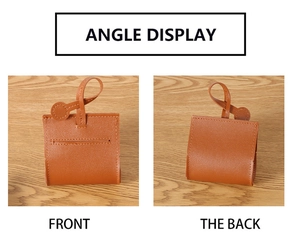 Front and back detail of brown leather dog poop bag dispenser with litchi texture