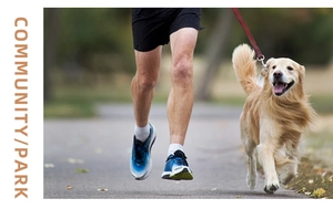 Action shot of portable red dog leash with silver metal buckle on a park path