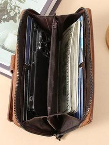 Long brown vintage leather wallet with multi-card slots and large capacity design