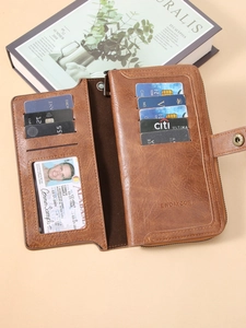 Brown vintage long leather wallet with large capacity card slots and zipper pocket