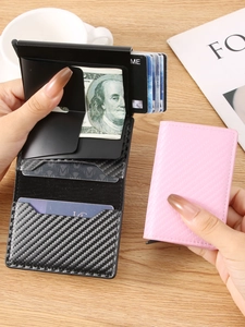 Portacarte Minimalista con Texture in Fibra di Carbonio in Pelle PU Lega di Alluminio Pop-Up Portafoglio Sottile per Business Uomo Donna
