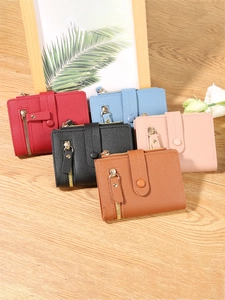 Women's minimalist multi-color faux leather short wallets with gold zipper detail