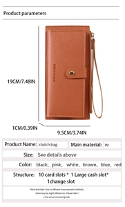 Detailed view of brown long PU wallet showing dimensions and internal storage capacity